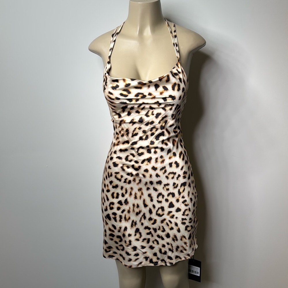 Jagger & Stone The Jay Cowl Neck mini dress satin leopard print US size 4 NWT